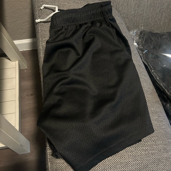 Black Mesh Gym Shorts. Deep Pockets with white drawstring. - Picture 3 of 4